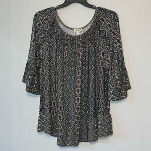Style & Co Sz 3X 3/4 Bell Sleeve Boho Geometric Graphics Blouse Tunic.